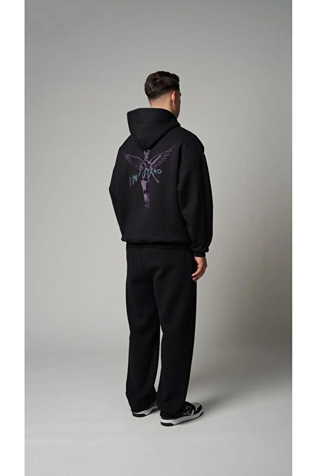 Unisex Oversize Sweatshirt Hoodie Nirvana in Utero Printed Black – Crew Neck, Kangaroo Pocket