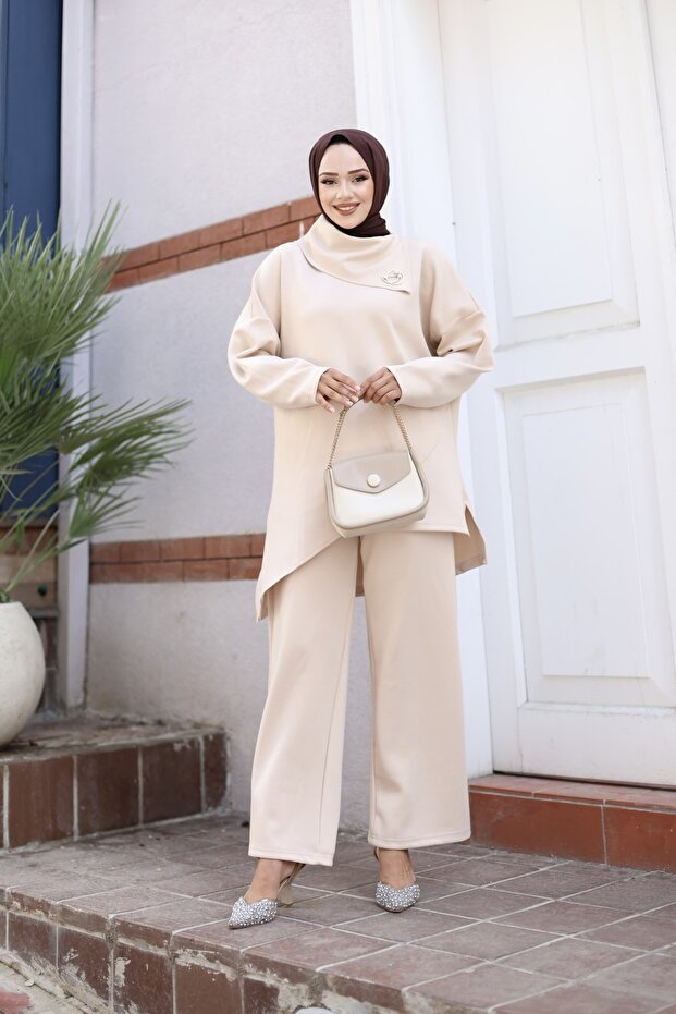 Scuba taş rengi tunik pantolon alt üst takım - 3