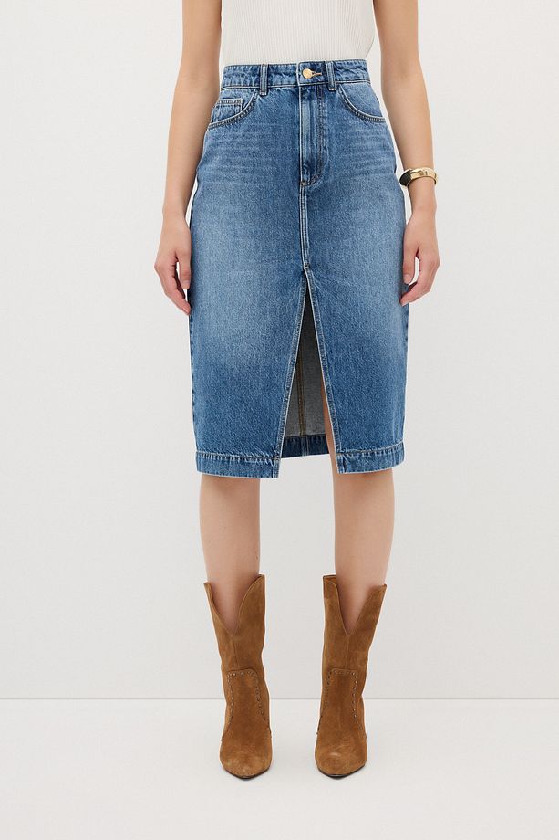 Önü Yırtmaçlı Denim Etek - 3
