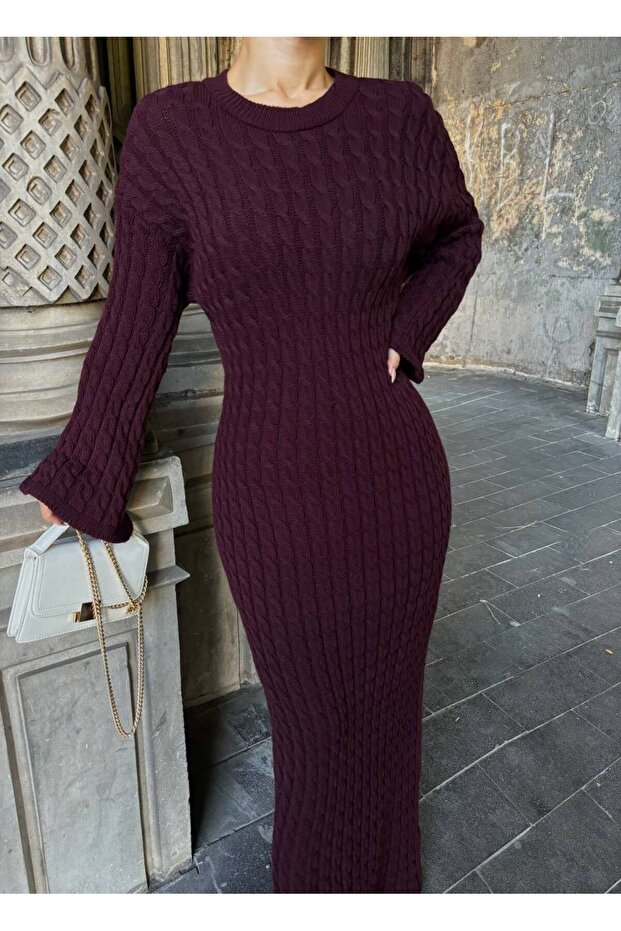 Kadın Bordo Saç Örgüsü Detaylı Triko Elbise - 1