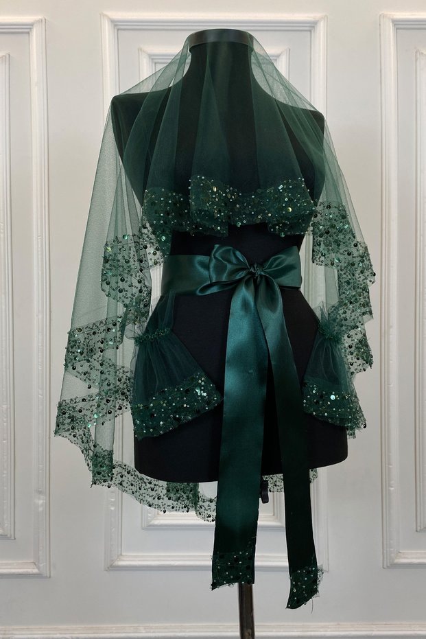 Emerald Green Wide Bridal Veil Set with Sequins and Pearls, Henna Night Cover 6 Pieces