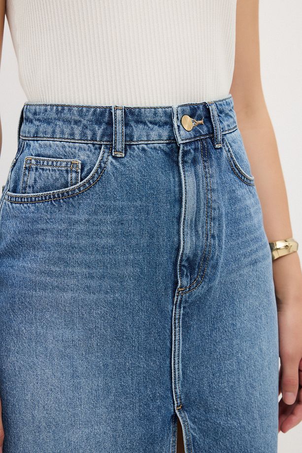 Önü Yırtmaçlı Denim Etek - 5
