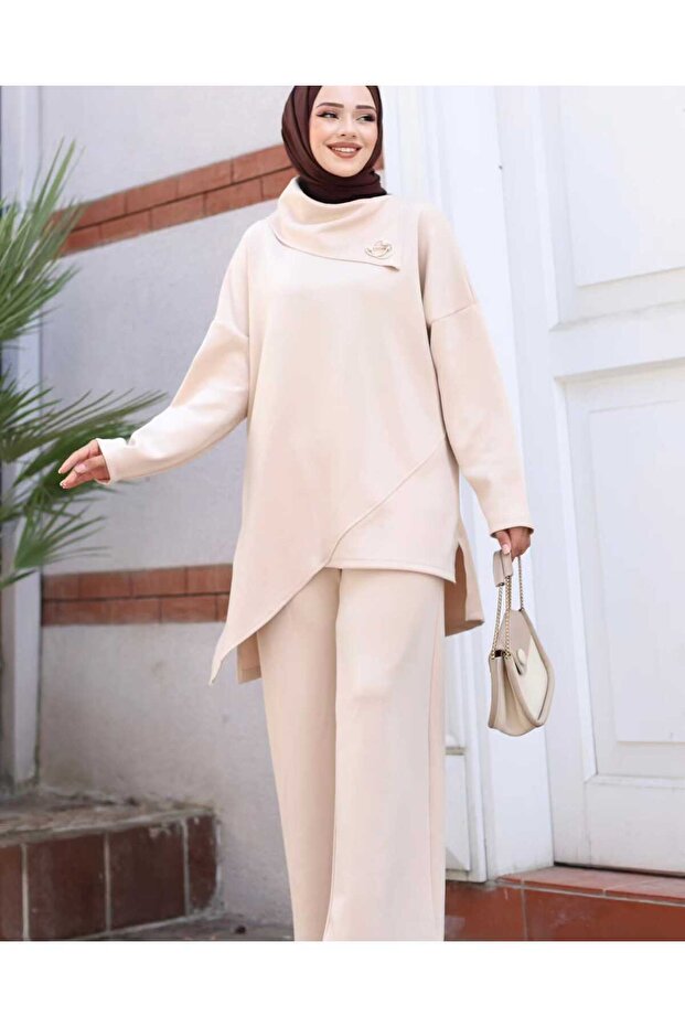 Scuba taş rengi tunik pantolon alt üst takım - 1