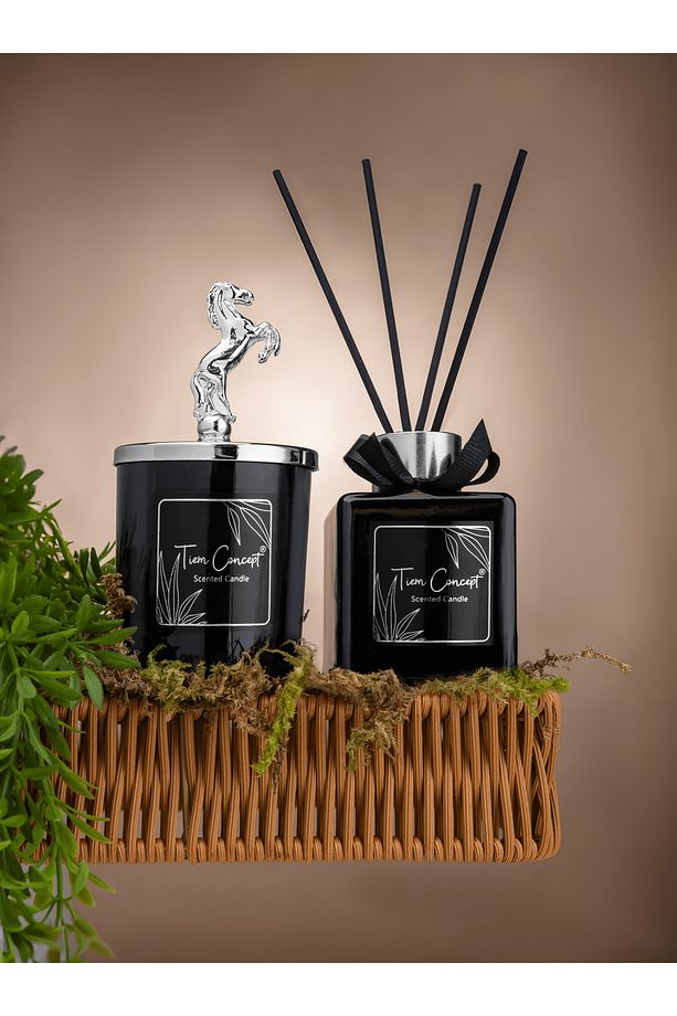 Dekoratif At Başlıklı Gümüş Detaylı Çubuklu Oda Kokusu 100 ml Ve Siyah Bardak Mum Seti - 3
