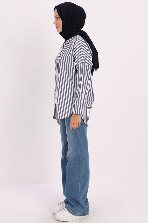 Lacivert-Beyaz Oversize Basic Gömlek - 3