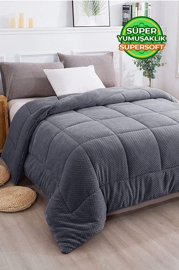 Ultra Yumuşak Tek Kişilik Çift Taraflı Wellsoft Peluş Yorgan Yıkanabilir 160x220 Antrasit - 1