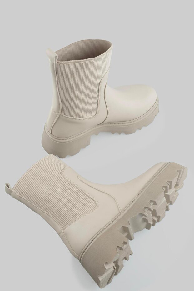 Kalın Taban Lastik Detaylı Bot Bej - 6