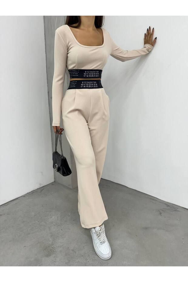 Beige Women's Long Sleeve Crop Blouse and Wide Leg Pants Set with Pockets - Pleated and Beli Band Detail