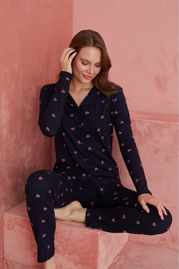 Pamuklu Likralı Düğmeli Pijama Takım - 1