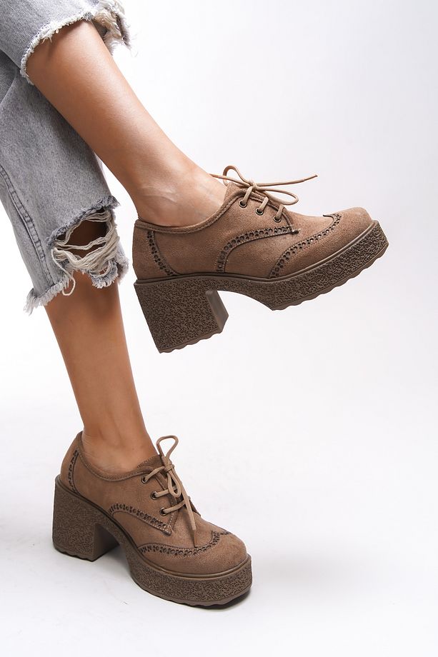 Ghinziss Kadın Topuklu Bağcıklı Loafer 00121570 Vizon Süet - 3