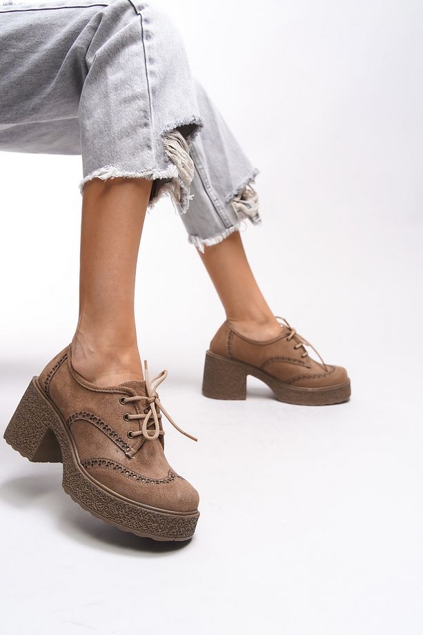 Ghinziss Kadın Topuklu Bağcıklı Loafer 00121570 Vizon Süet - 4