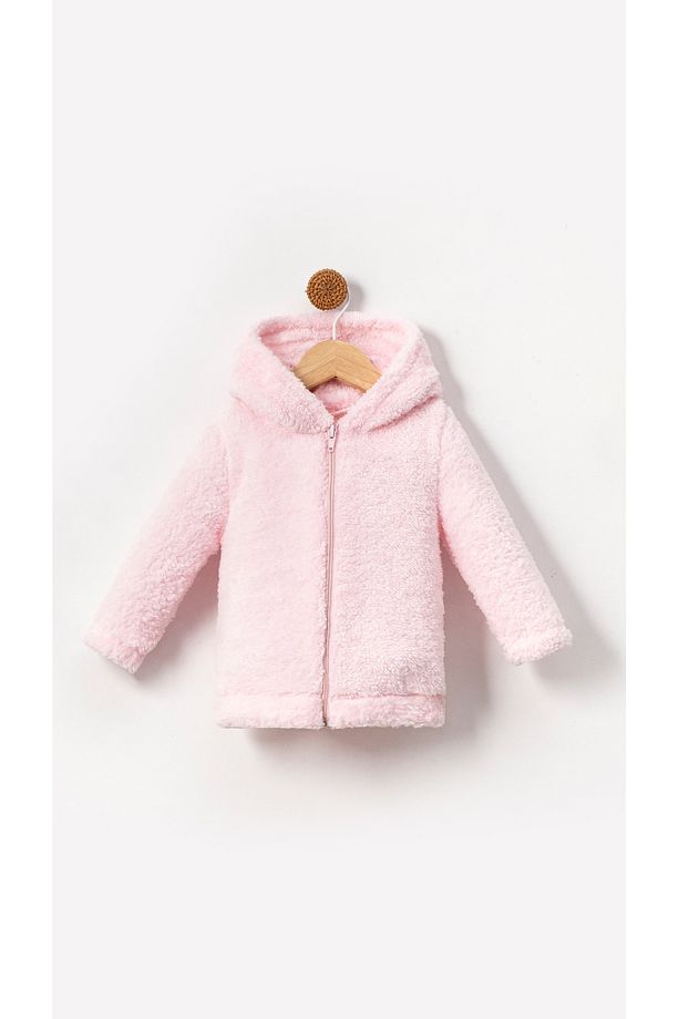 Fermuarlı Kapüşonlu Bebek Peluş Welsoft Kışlık Hırka-Pembe - 1