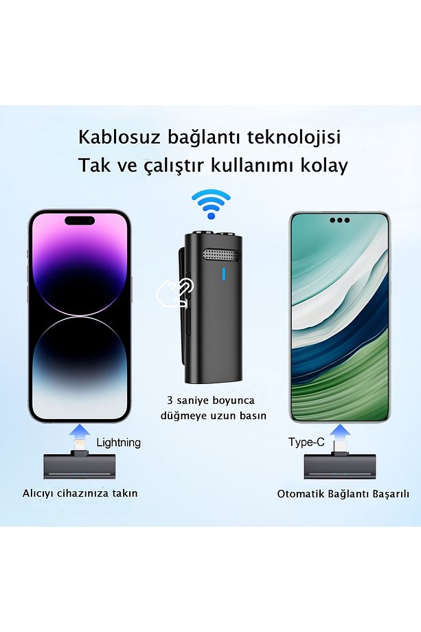 İkili Kablosuz Yaka Mikrofonu (Android ve IOS uyumlu) - 2