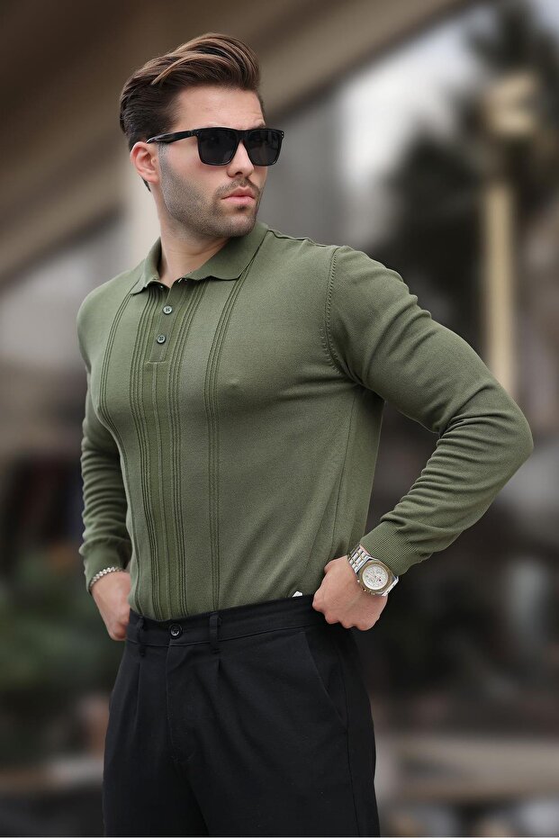 Khaki Polo Collar Striped Men's Knitwear Sweater 7265