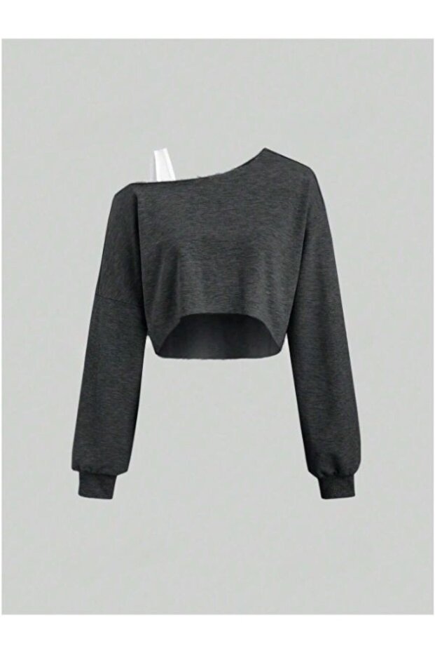 Kadın Tek Omuz Kalın Askılı Oversize Crop Sweatshirt - 1