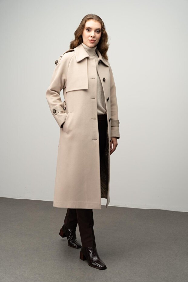 Real Leather Detailed Waist-Tied Mid-Length Cashmere Coat Beige 3030-K
