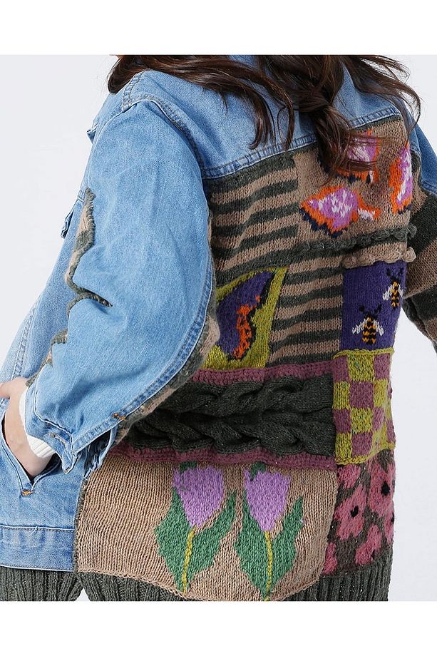El Örgüsü Yün Patchwork Kot Ceket - 2