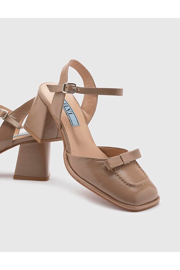 Kler Hakiki Rugan Deri Kadın Vizon Topuklu Sandalet - 4