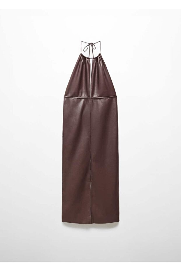 Deri görünümlü halter yaka elbise - 3