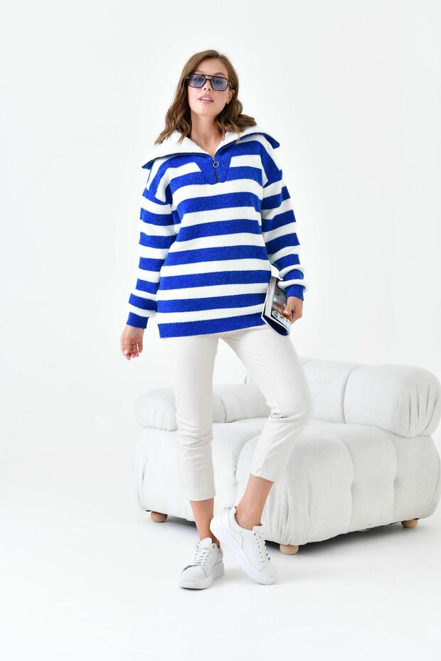 Women's Half-Zip Striped Sweater Cobalt Blue 20726