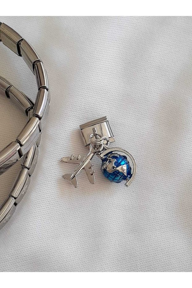 Travel Passion with Earth & Airplane Steel Italian Charm