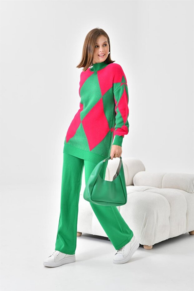 Women's Diamond Pattern Detailed Double Suit Benetton 20466