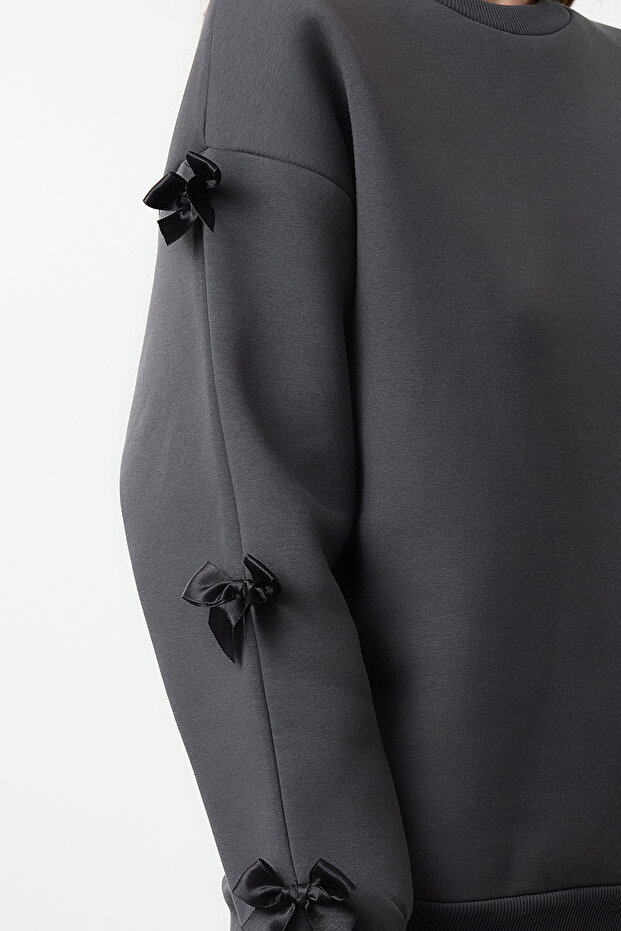 Antrasit Fiyonk Detaylı Oversize/Geniş Kalıp Kalın İçi Polarlı Örme Sweatshirt TWOAW25SW00249 - 3