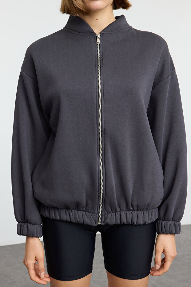 Antrasit Fermuarlı Oversize/Geniş Kalıp Kalın İçi Polarlı Örme Sweatshirt TWOAW25SW00122 - 3