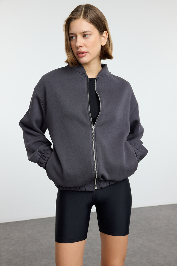 Antrasit Fermuarlı Oversize/Geniş Kalıp Kalın İçi Polarlı Örme Sweatshirt TWOAW25SW00122 - 1