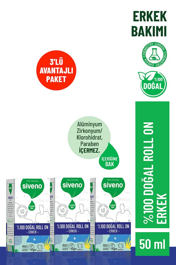 %100 Doğal Roll-on Erkek Deodorant Ter Kokusu Önleyici Leke Bırakmayan Vegan 50 ml X 3 Adet - 1