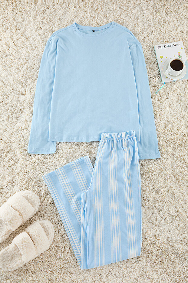 Mavi Pamuklu Çizgili Örme Pijama Takımı THMAW25PT00188 - 5