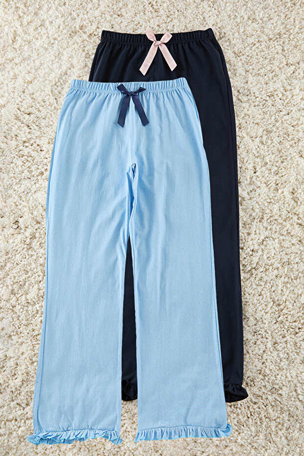Mavi-Çok Renkli 2'li Paket %100 Pamuklu Fırfırlı ve Kurdele/Fiyonklu Örme Pijama Altı THMAW25PJ00014 - 2