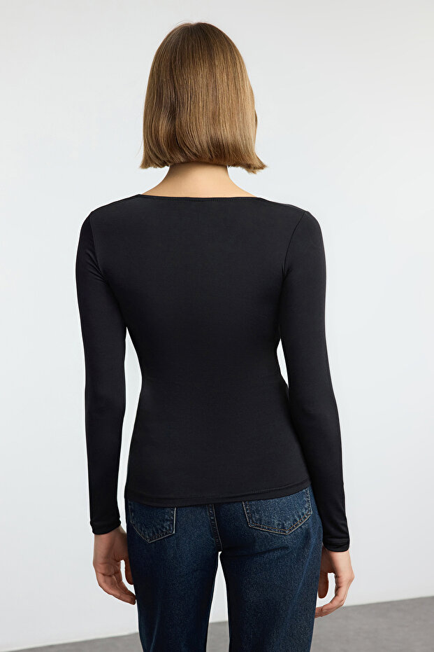 Siyah Büzgü/Drape Detaylı Fitted/Vücuda Oturan Uzun Kollu Esnek Örme Bluz TWOAW25BZ00247 - 5