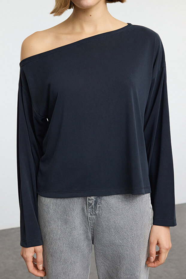 Antrasit More Sustainable Kayık Yaka Relaxed/Rahat Kesim Modal Örme Bluz TWOAW25BZ00282 - 3