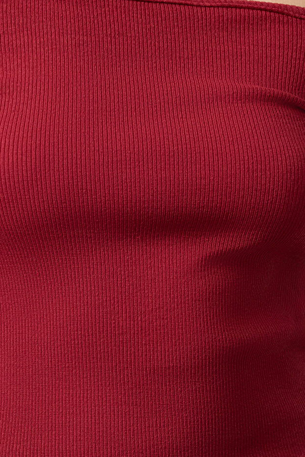 Bordo Carmen Yaka Choker Detaylı Fitted/Vücuda Oturan Crop Fitilli Örme Bluz TWOAW22BZ0531 - 4