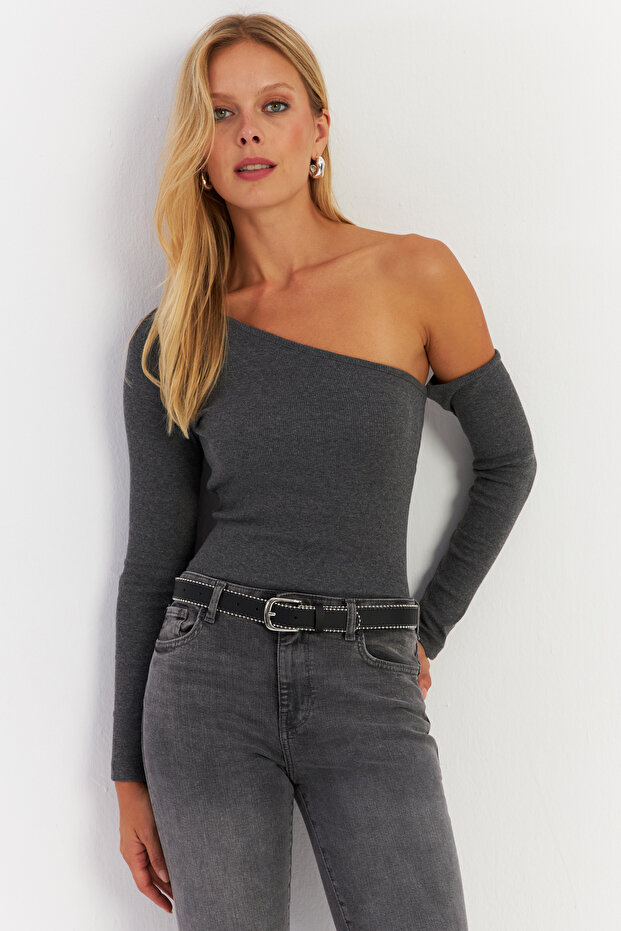 Women's Anthracite Asymmetrical Sleeves Camisole Christmas Blouse Hor1