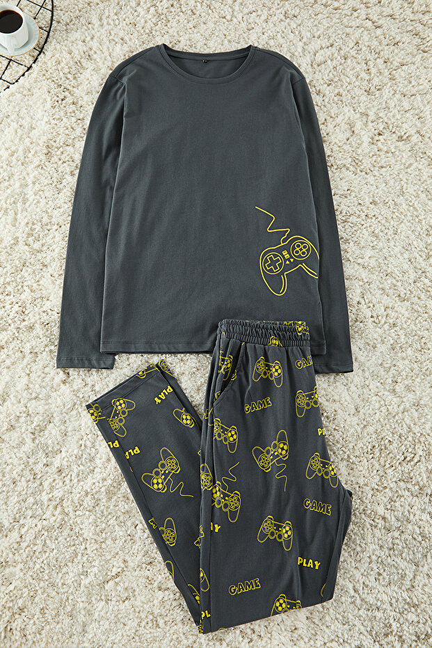 Antrasit Erkek Regular Fit Baskılı Örme %100 Pamuk Pijama Takımı TMNAW24PT00012 - 1