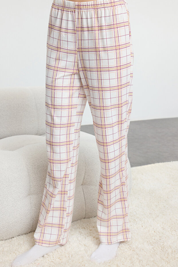 Beyaz-Çok Renkli %100 Pamuklu Ekoseli Cep Detaylı Örme Pijama Takımı THMAW25PT00147 - 4