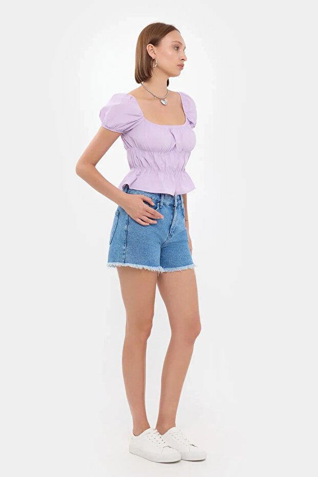 Kare Yaka Kısa Kollu Peplum Üst - 2