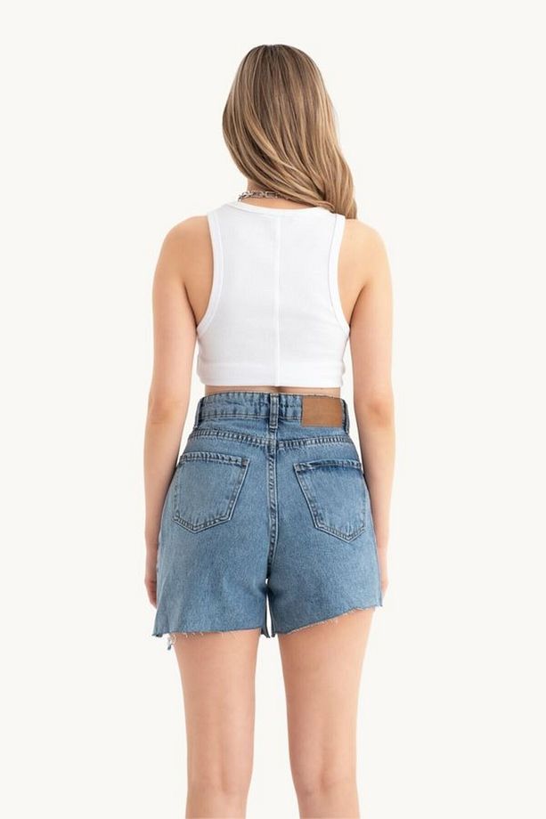 Düğme Detaylı Yüksek Bel Çift Katlı Denim Şort - 3