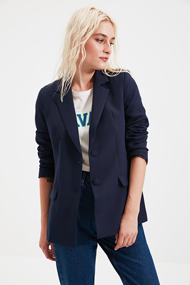 Lacivert Regular Astarlı Dokuma Blazer Ceket TWOSS20CE0126 - 4