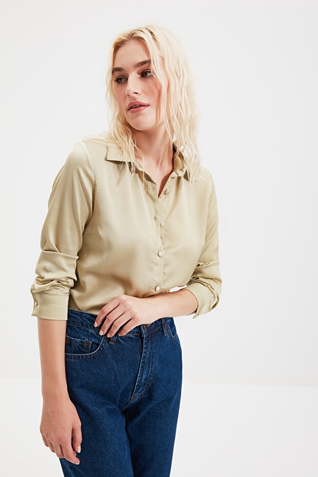 Mintgrünes Basic-Hemd aus Satingewebe TWOAW20GO0465 - 3