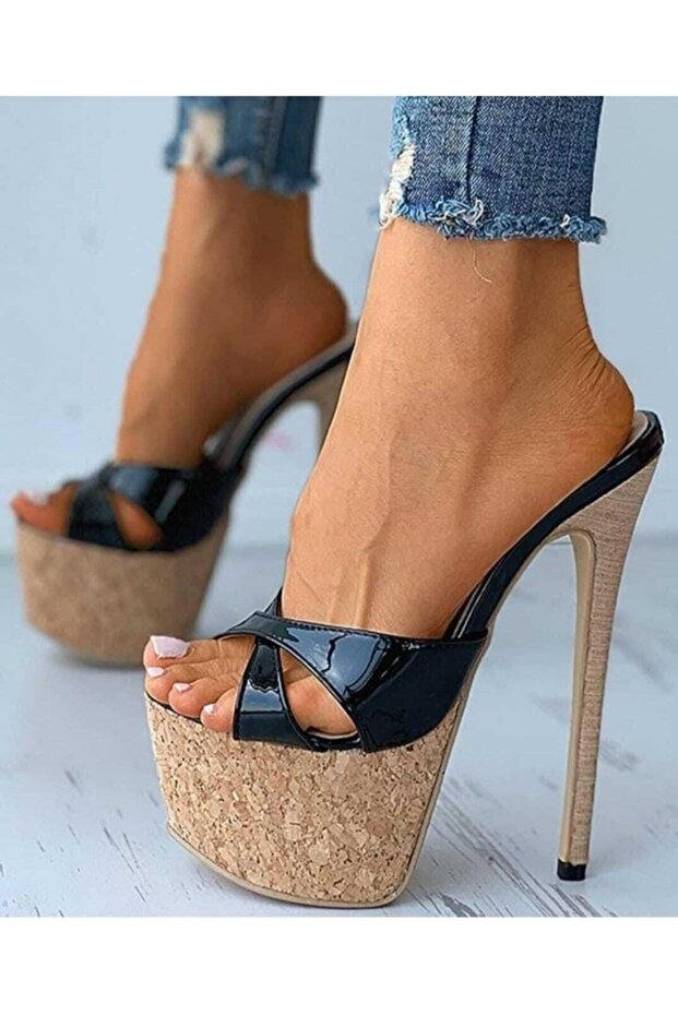 Women's Patent Leather Cork Thin Heeled Platform Heel Shoes