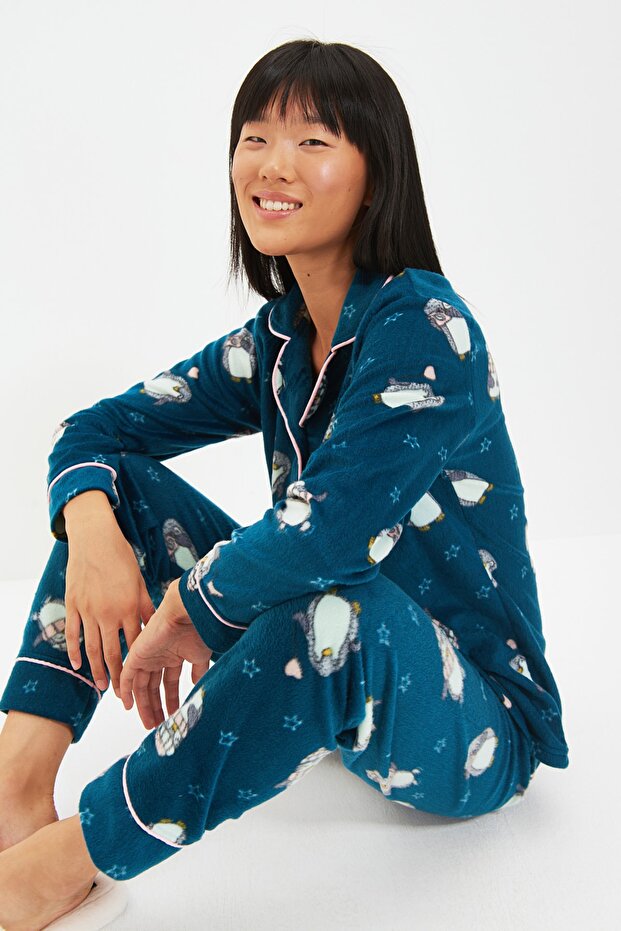 Petrol Penguin Patterned Fleece Winter Knitted Pajamas Set Thmaw22Pt0356 - 15
