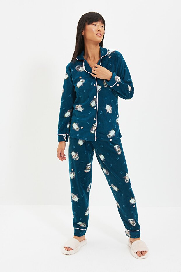 Petrol Penguin Patterned Fleece Winter Knitted Pajamas Set Thmaw22Pt0356 - 22