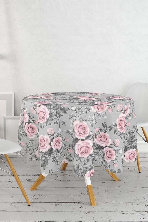 Smoked Themed Digital Printed Round Tablecloth with Jar Flower Motif - Diameter 140cm