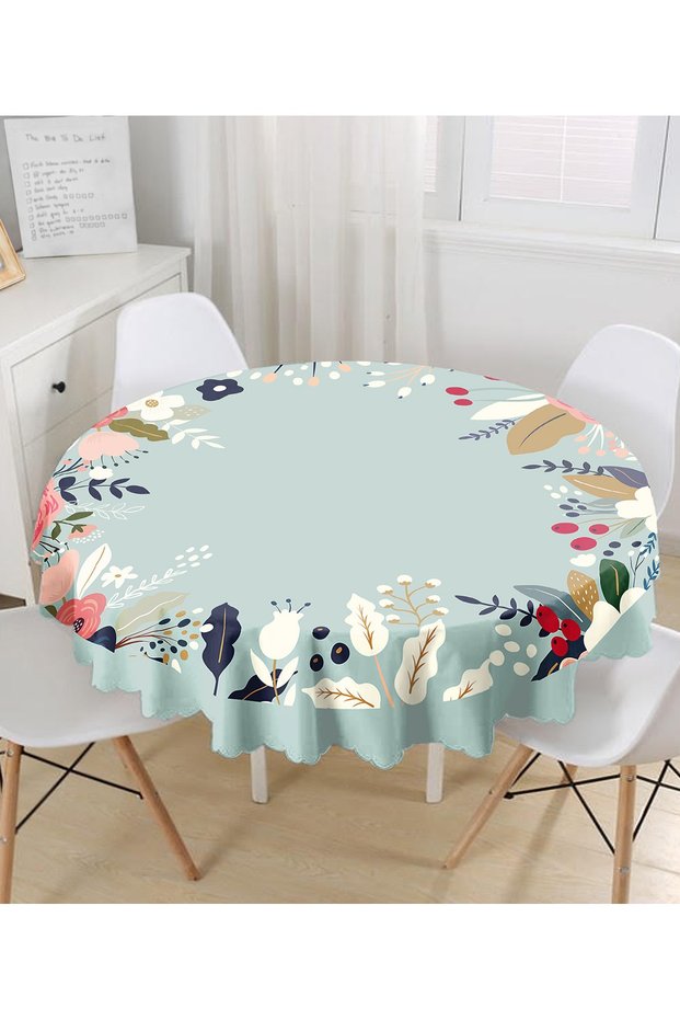 Colorful Floral Patterned Digital Printed Modern Round Tablecloth with Colorful Background - Diameter 140cm