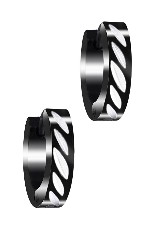 Men's Black Color Printed Model Steel Hoop Earrings