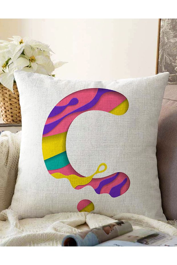 Double Sided White Background Colored Letter C Special Design Digital Printed Raschel Pillow Throw Pillow Cover