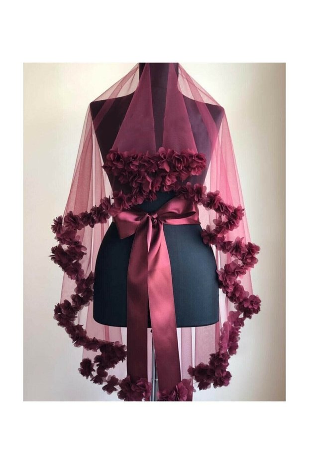Laser Rose Bridal Veil, Bridal Face Veil and Bridal Sash Burgundy